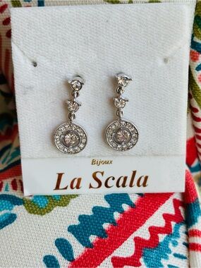 La Scala Silver Crystal Drop Earrings - White-NWT